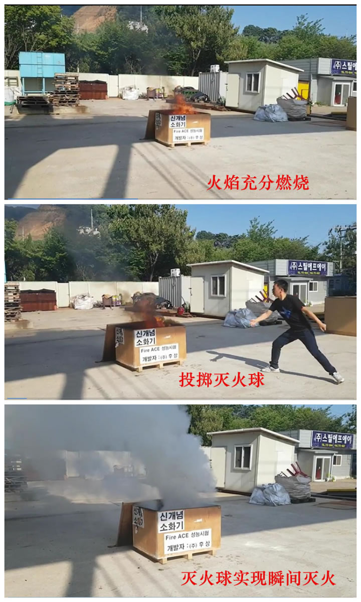 图1 韩国客户亲自试验干粉灭火球灭火效能