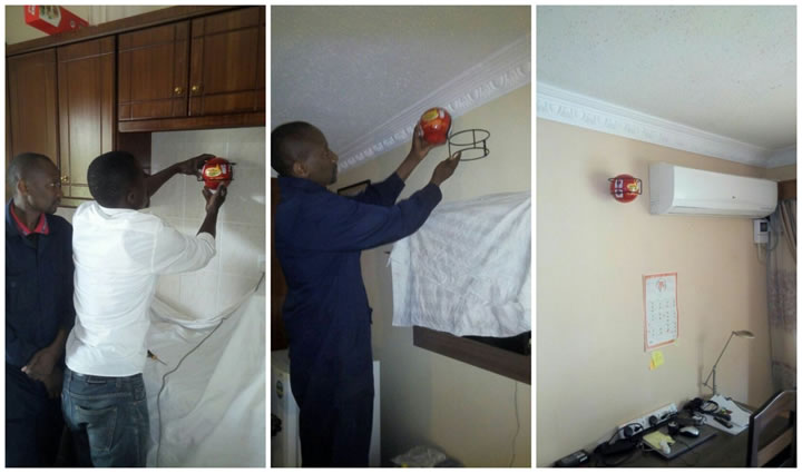 图2 肯尼亚客户将干粉灭火球应用于厨房、电视机及空调等处