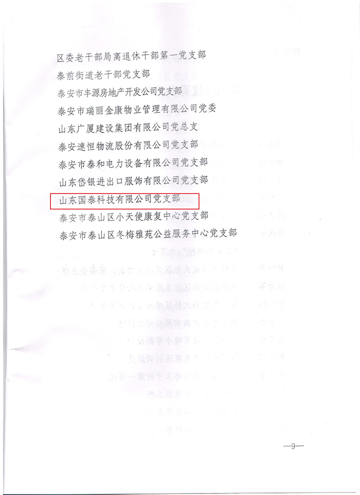 山东国泰科技有限公司党支部被授予“泰山红旗党支部”称号